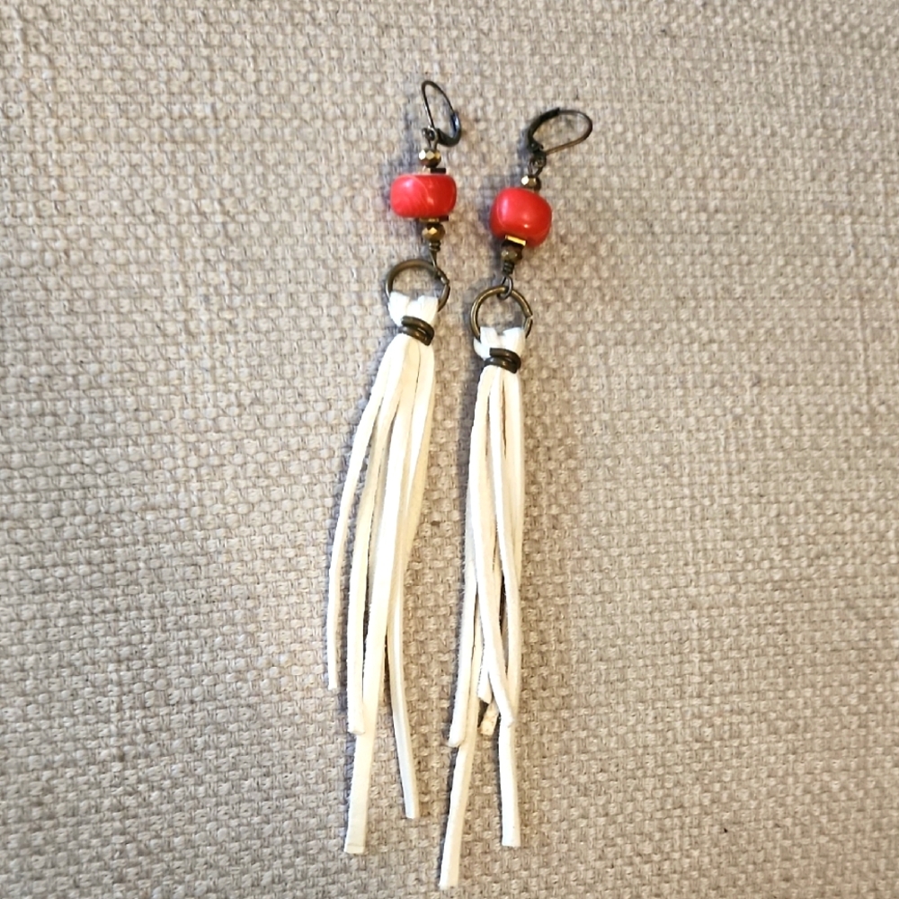 Boho Red and White Tassel Earrings